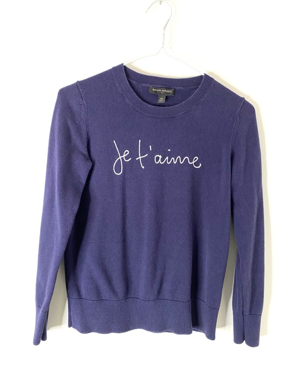 Banana Republic Je T’aime Navy Blue Crew Neck Sweater Embroidered Parisian